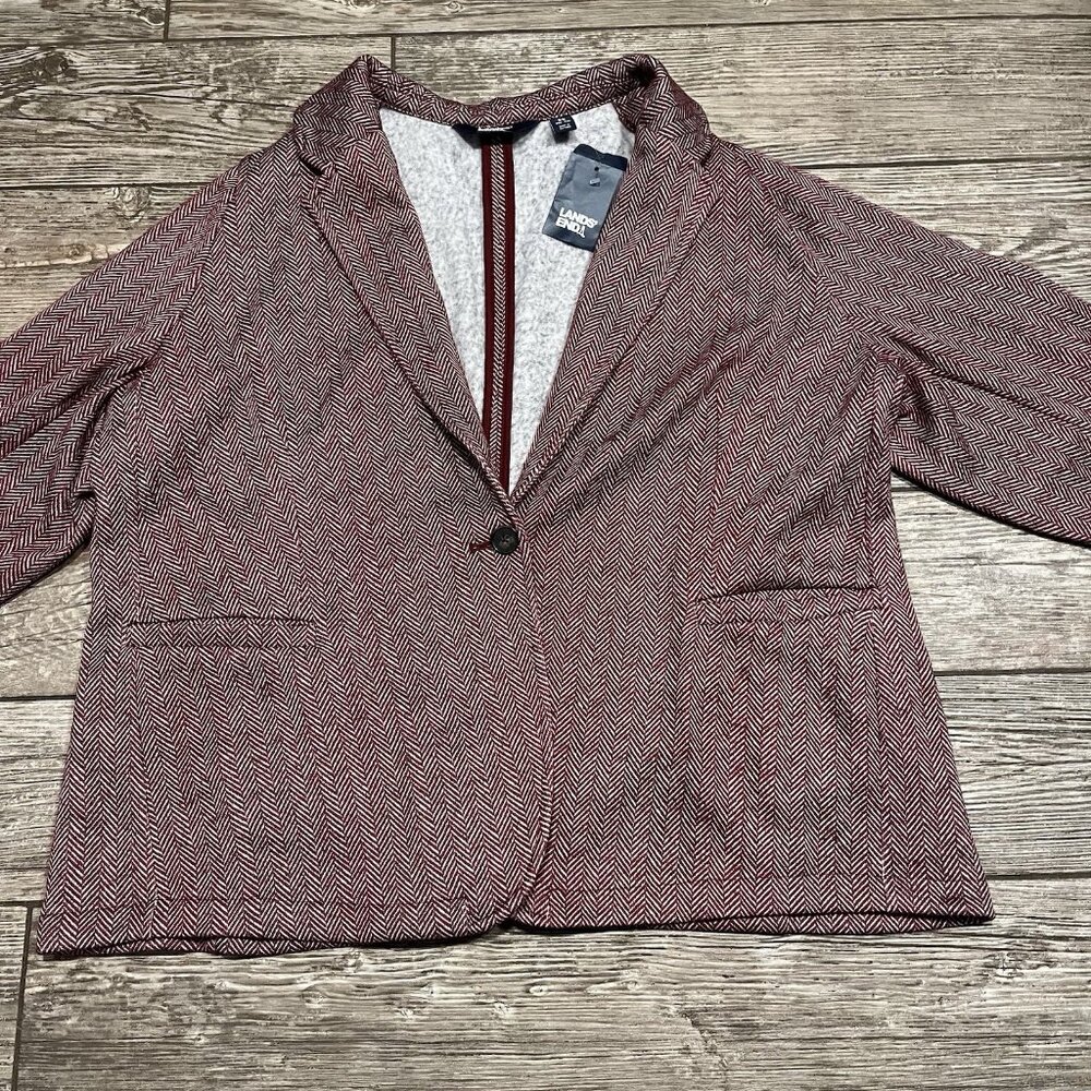 Lands' End Women Sweater Fleece Blazer Jacket Sz 2X Red Herringbone 1 Button NEW
